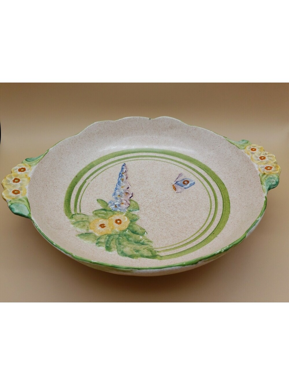 Vintage Royal Art Pottery Serving Bowl Longton England Hollyhocks Butterfly